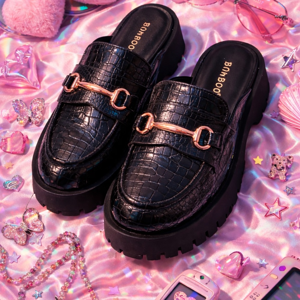BAMBOO Black Croc-Embossed Mules with Gold Accents